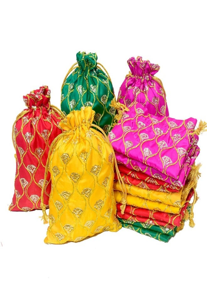 Dulhan Silk Embroidered Fabric JHAROKHA Potli Bags for marriage gifts in bulk, return gift with Heavy Sequin Work, Set of 15 Small Size ethnic potli jewelry bag for kali puja ganpati 9 x 12 inches - Image 1